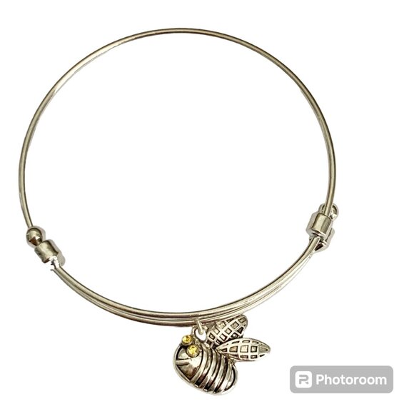 Silver Bumble Bee Charm Bracelet Bangle Adjustable Yellow Crystal Rhodium Plated - Picture 4 of 9